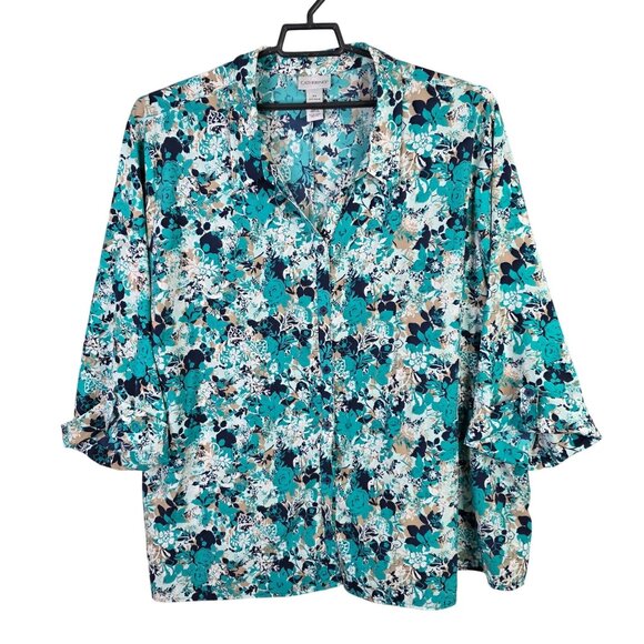 Womens Catherines Teal Blue Floral Print Blouse Button-Front 3/4 Sleeves Size 5X - Picture 1 of 7